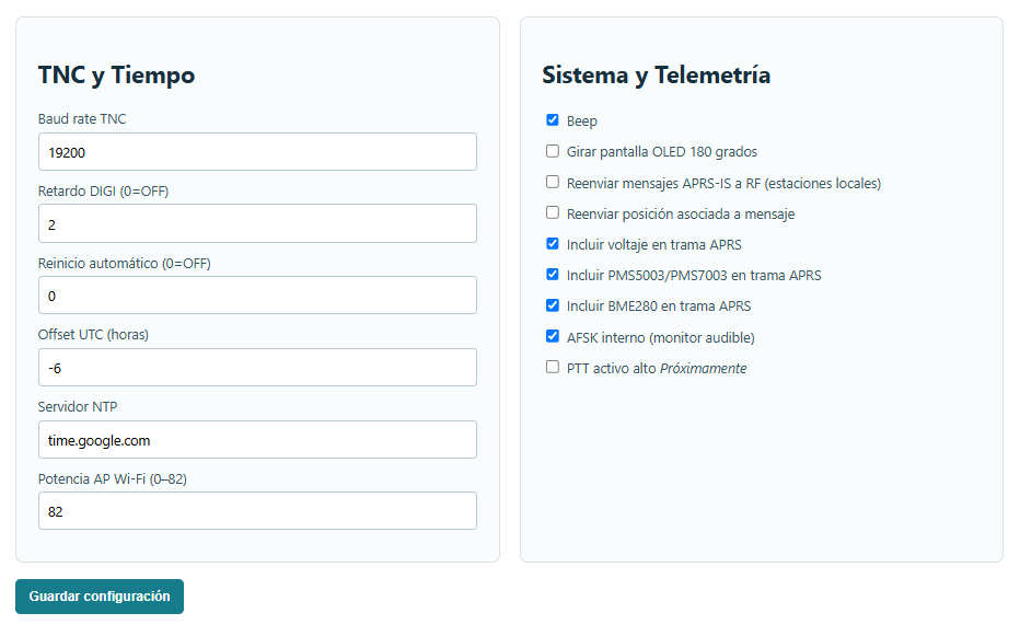 TNC, tiempo, sistema y telemetría