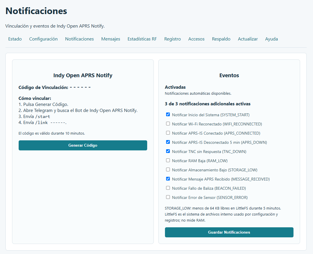 Indy Open APRS Notify y selección de eventos